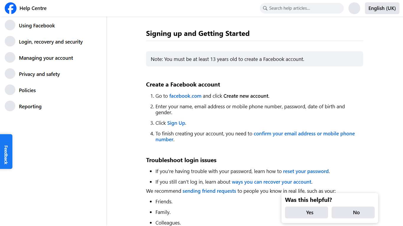Signing up and Getting Started Facebook Help Centre